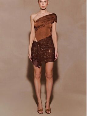 Meshki One-Shoulder Brown Sequin Wrap Mini Dress